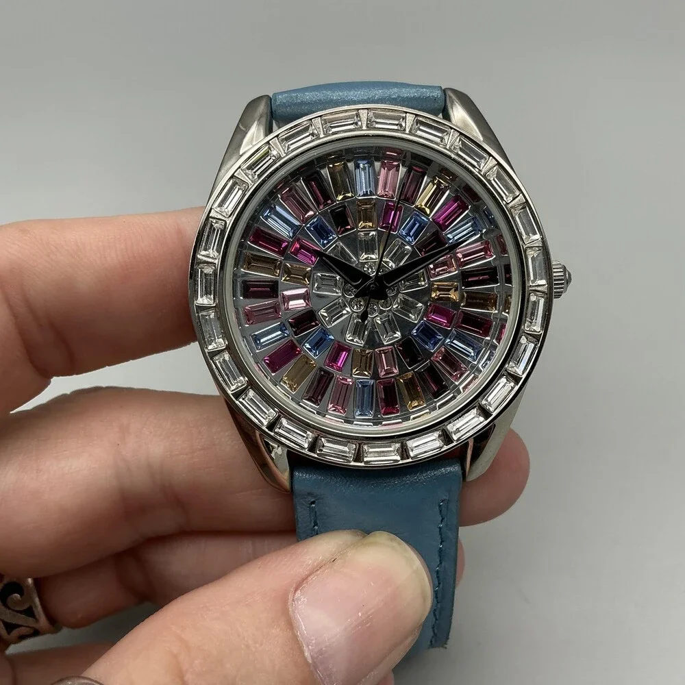 Adrienne Womens Watch 40mm Multicolor Gem Dial Silver Tone Leather New Battery